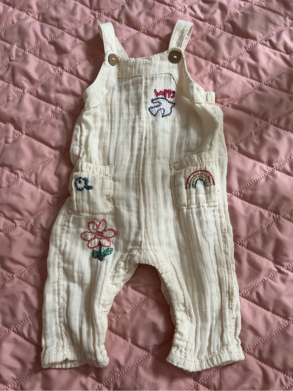Handmade Vintage Style Doll/Newborn Overalls White Embroidered 18” Doll Clothes